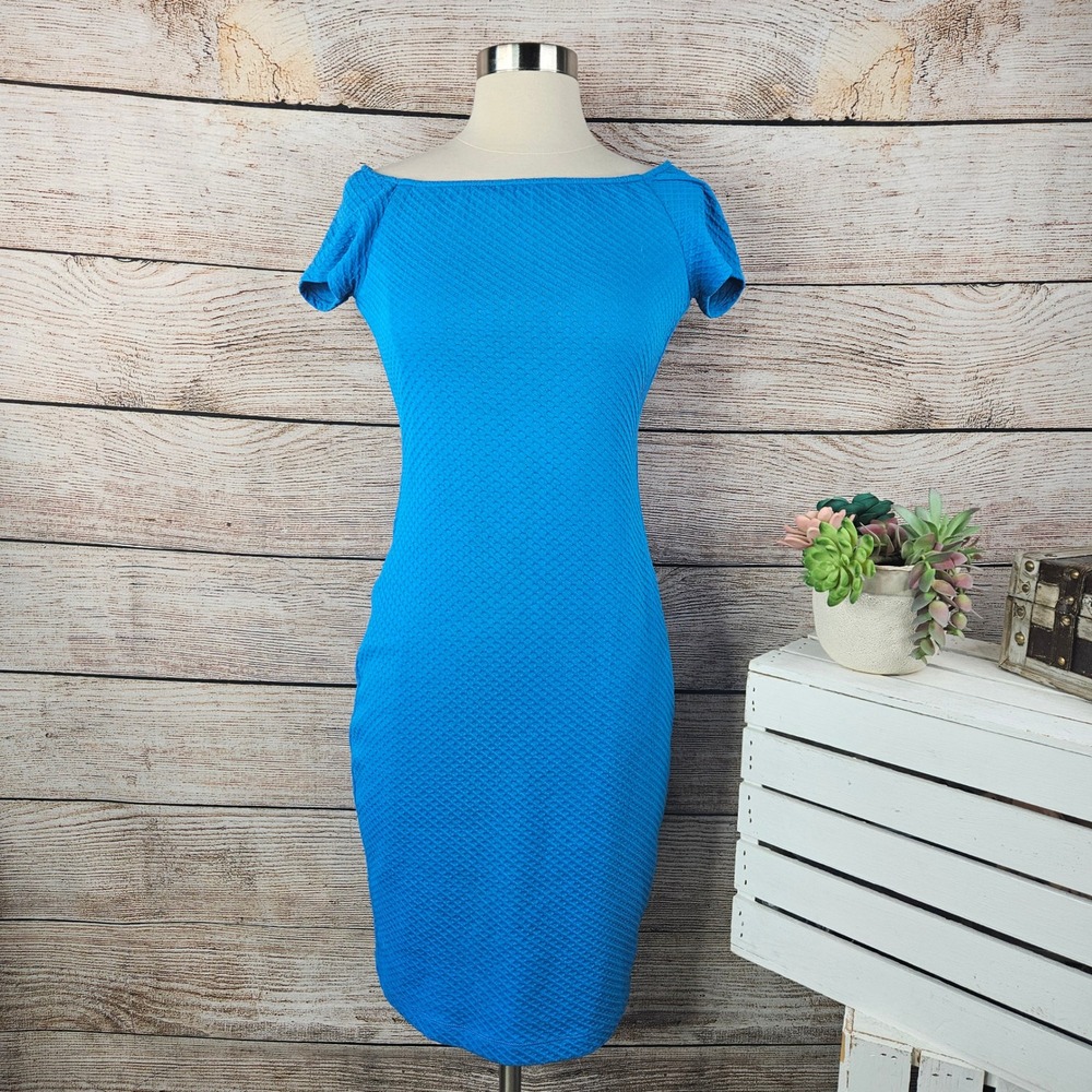 Bisou Bisou Bodycon‎ Dress Textured Short Sleeve Fitted Blue Size 6